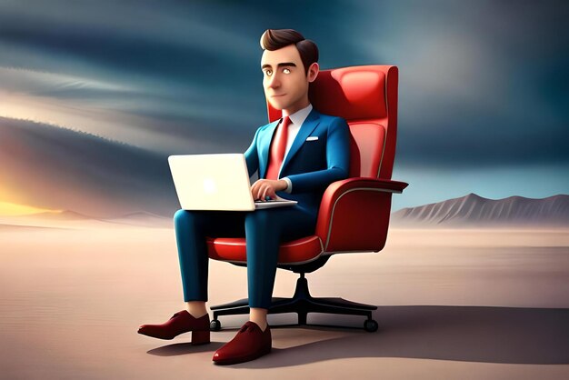 3D-Charakter Geschäftsmann sitzt in einem Stuhl mit Laptop mit Geschäftskonzept