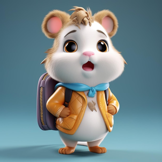 3D-Charakter-Hamster in Kleidung mit Rucksack gekleidet