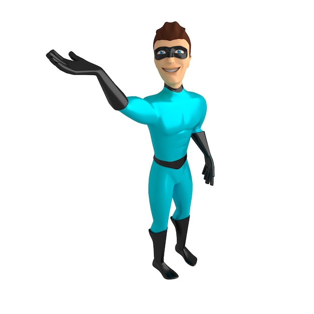 3D-Charakter in einem Superhelden-Kostüm auf weißem Hintergrund, mit erhobener Hand. 3D-Darstellung