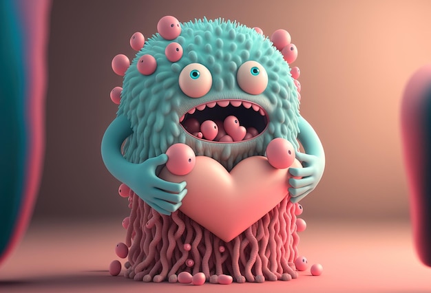 3D-Charakter ist ein süßes Monster, das ein Herz hält Lustiger toothy Alien gibt Herz gesteht seine Liebe auf pastellfarbenem Hintergrund AI generiert