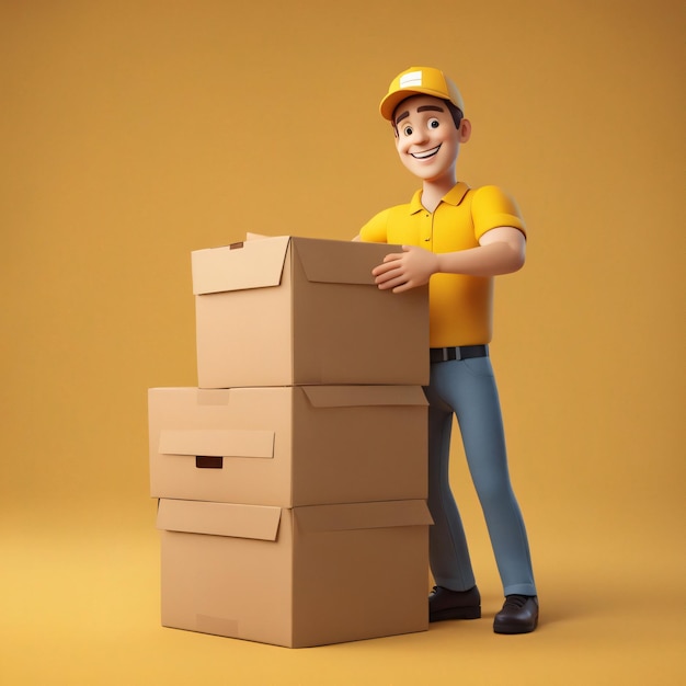 3D-Charakter-Lieferbote in der Nähe eines Kartons und lächelnd auf gelbem Hintergrund