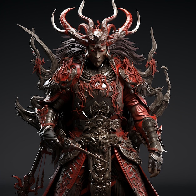 3D-Charakter Mann Samurai Shogun Regal Crimson mit einem Naginata Feudal Game Asset Design Art