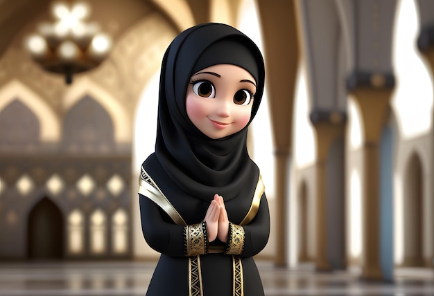 3D-Charakter muslimisches Hijab-Mädchen, süßes Lächeln in der Moschee