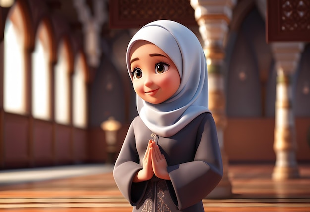3D-Charakter muslimisches Hijab-Mädchen, süßes Lächeln in der Moschee