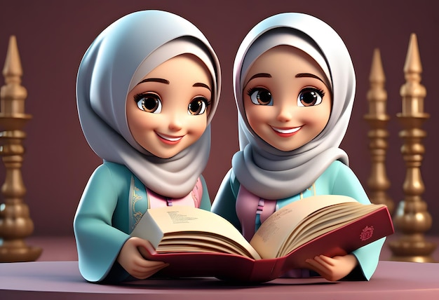 3D-Charakter muslimisches Hijab-Mädchen, süßes Lächeln, Lesebuch