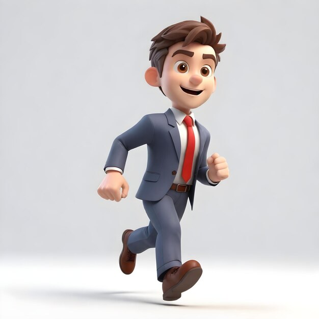 3D-Charakter von einem süßen jungen Geschäftsmann, der vorne auf weißem Hintergrund läuft