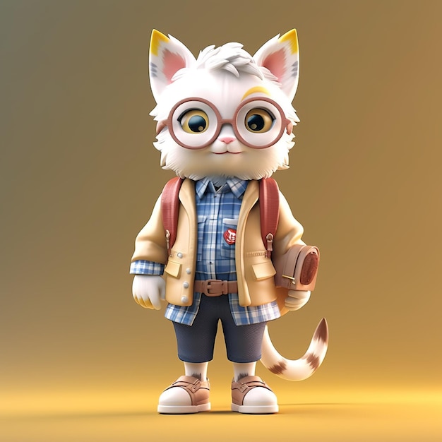 3D-Charakterkatze in Kleidung mit Rucksack gekleidet