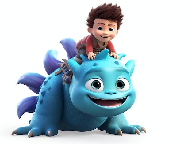3D-Charakterporträts eines Kindes, das auf einem Monster reitet
