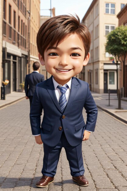 Foto 3d chibi un niño de dibujos animados en un traje y corbata de pie en una esquina de la calle con un hombre en el fondo