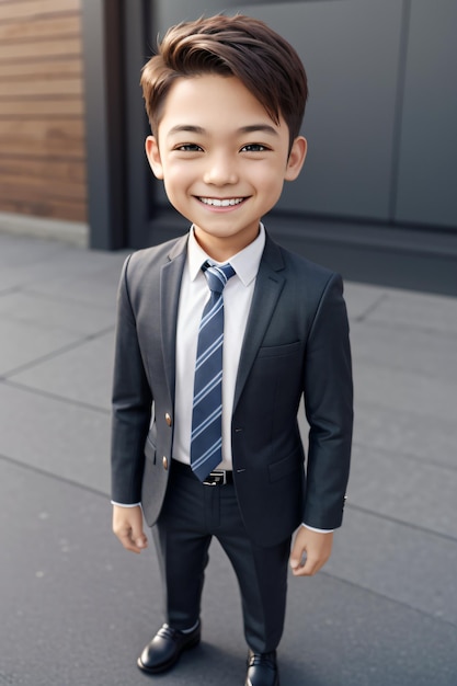 Foto 3d chibi un niño joven en traje y corbata de pie en una acera sonriendo a la cámara con una sonrisa o