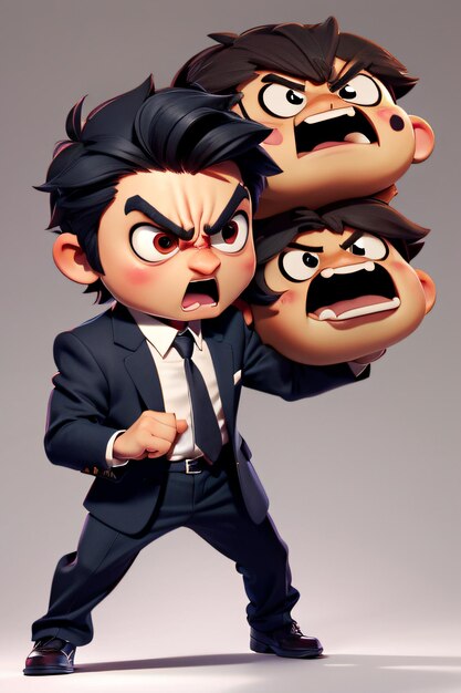 Foto 3d chibi un personaje de dibujos animados con un montón de expresiones faciales en su cara y un traje en su cabeza