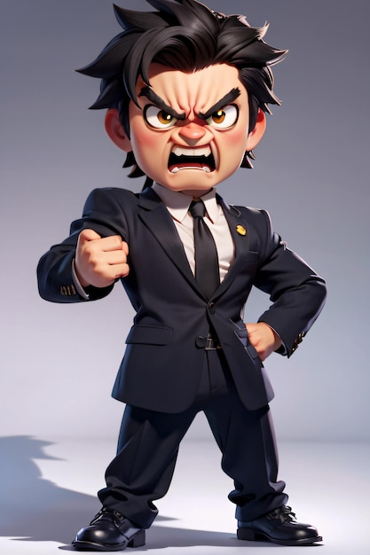 Foto 3d chibi un personaje de dibujos animados vestido con un traje y corbata con una expresión de enojo en su rostro y han