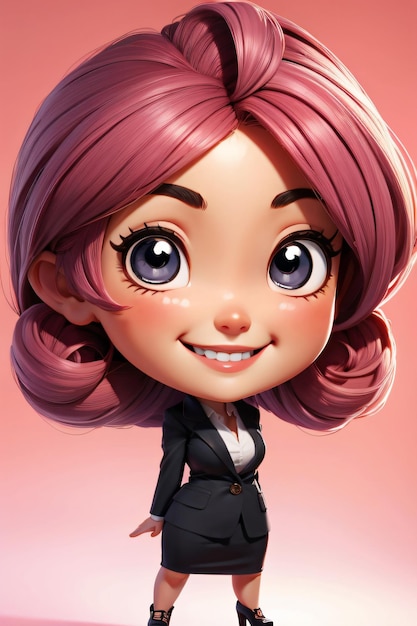 Foto 3d chibi um personagem de desenho animado de uma mulher com cabelo rosa e um terno posando para uma foto com um