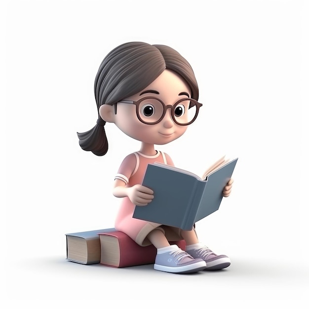 3D Chica linda con cabello corto leyendo Libro generativo AI