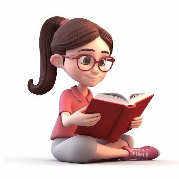 3D Chica linda con gafas con cabello corto leyendo Libro generativo AI