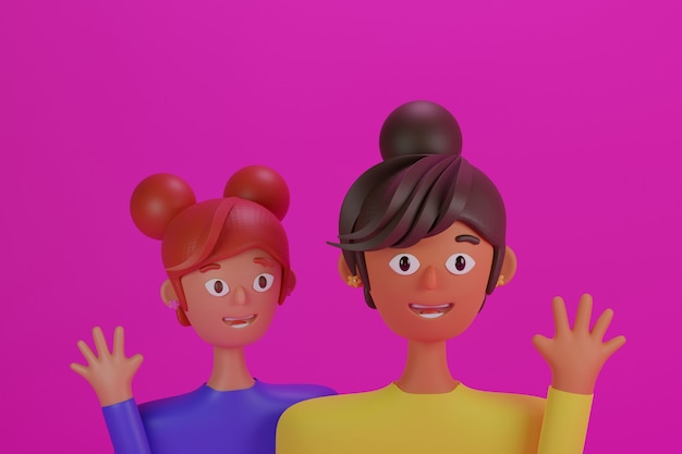 3d chicas lindas dicen hola con la mano arriba ilustración 3d