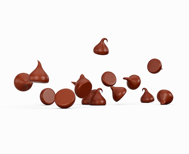 3d Chips de chocolate con leche o morsels de chocolate que caen sobre un fondo blanco Ilustración 3d