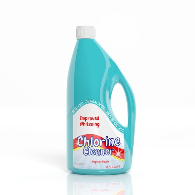 3D-Chlorreiniger-Plastikflasche isoliert auf weißem Hintergrund