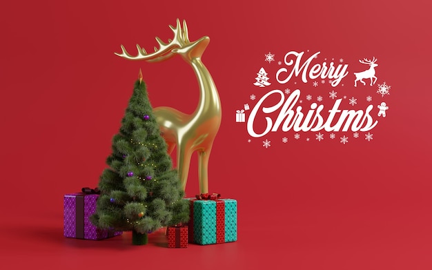 3D Christmas design Árvore de Natal com veado dourado com presentes e fundo vermelho