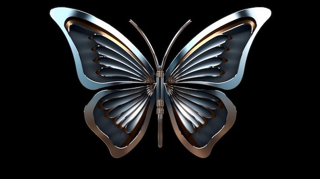 3D-Chrom-Metall von Y2K-Schmetterlings-Symbol isolieren auf schwarzem Hintergrund