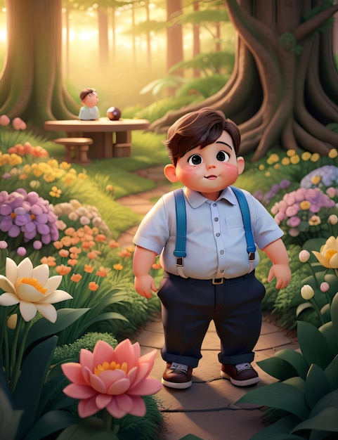 3D Chubby Boy in sonnenbeschienener Wiese, bunte Blumen und natürliche Schönheit, generative KI