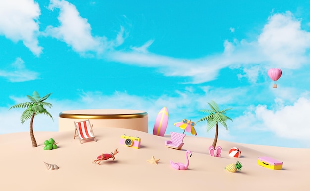 3d cilindro palco pódio vazio com prancha de surf praia palmeira coco árvore ilha câmera guarda-chuva mala sandálias isoladas no céu azul compras venda de verão conceito 3d render ilustração