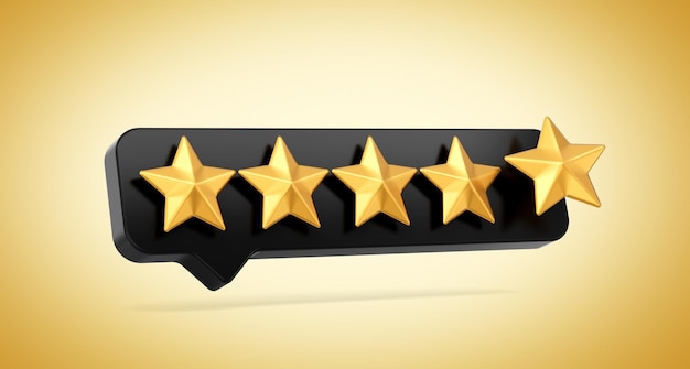3d Cinco estrellas doradas brillantes con icono de chat negro en fondo dorado ilustración 3d
