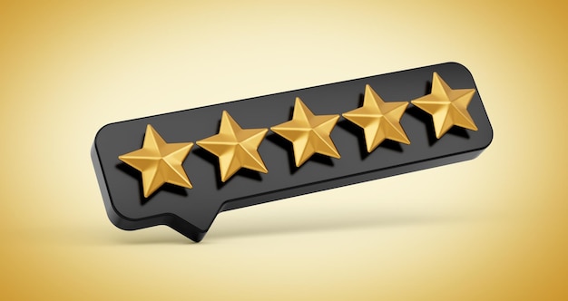 3d Cinco estrellas doradas brillantes con icono de chat negro en fondo dorado ilustración 3d