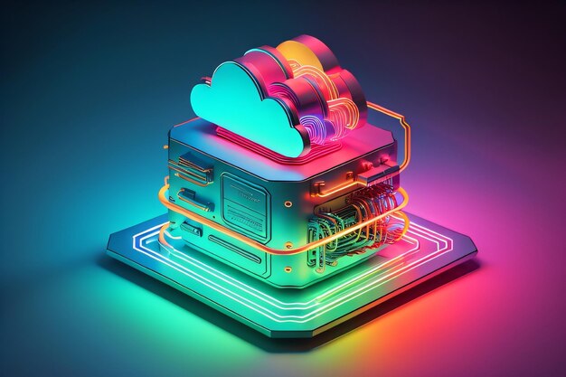 3D-Cloud-Computing, kreative Illustration, Cloud-Dienste, Cloud-Lösungen, Cyber-Sicherheit, Ai Mind, Netzwerkmanagement, modernes Rechenzentrum, Cloud-Netzwerke, Ai generiert