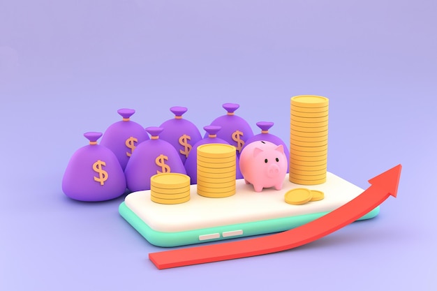 3D. Cofrinho, moedas, bolsa de dinheiro, conceito de gestão financeira