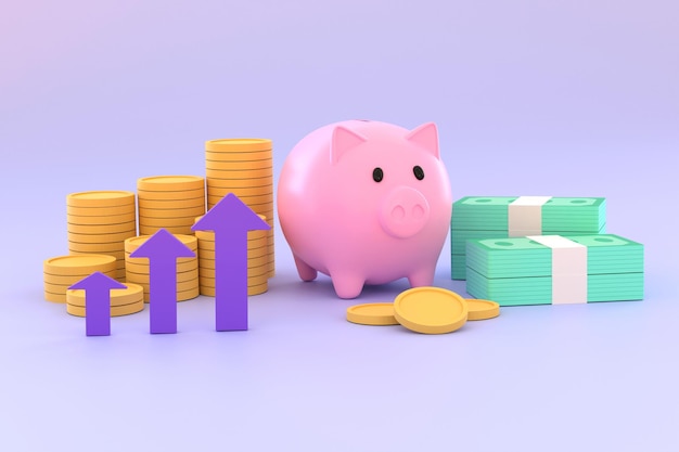 3D. Cofrinho, pilhas de moedas, notas. investimento de negócios de conceito.