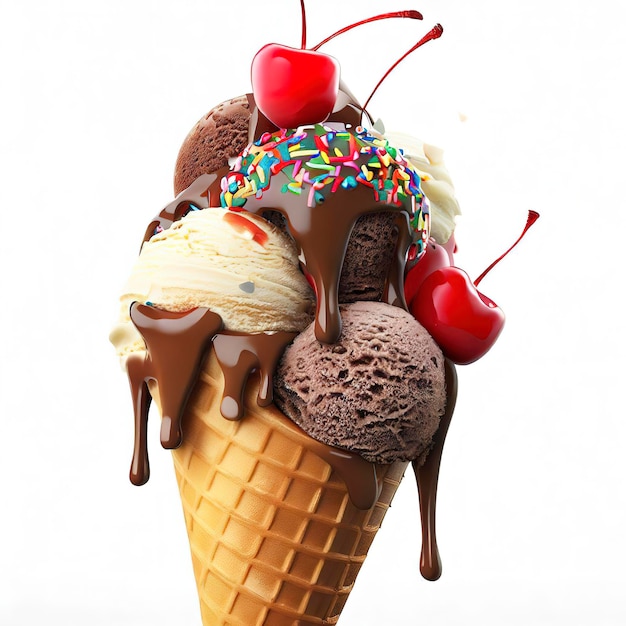 3D-Computer-Rendering-Bild eines Eiscreme-Kegels mit Schalen verschiedener Geschmacksrichtungen, gekrönt mit Kirschen und Schokoladensauce