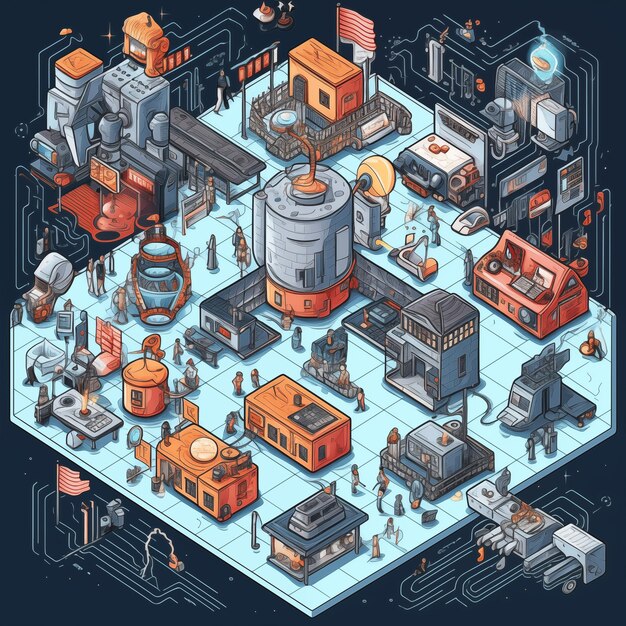 3d conceito de fábrica de engenharia isométrica Construção de fábricas industriais por Ai generativo