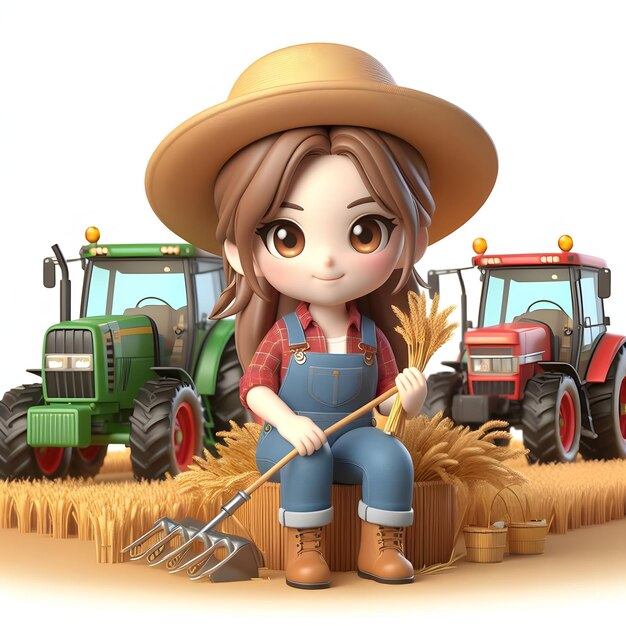 3d para el concepto de personaje de ocupación Farmer Dawn con Tractores y Golden Fields con blanco aislado