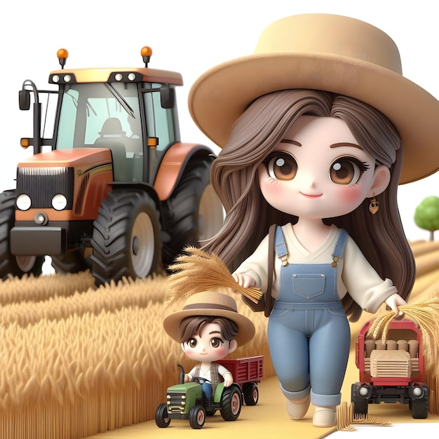 3d para el concepto de personaje de ocupación Farmer Dawn con Tractores y Golden Fields con blanco aislado