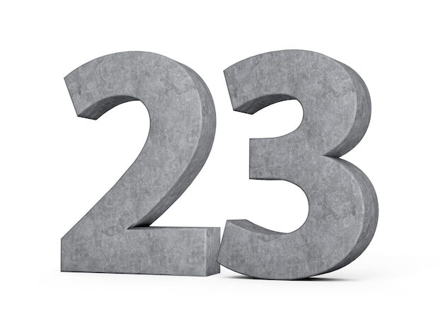 3d Concreto Número veintitrés 23 dígito hecho de piedra de hormigón gris sobre fondo blanco Ilustración 3d