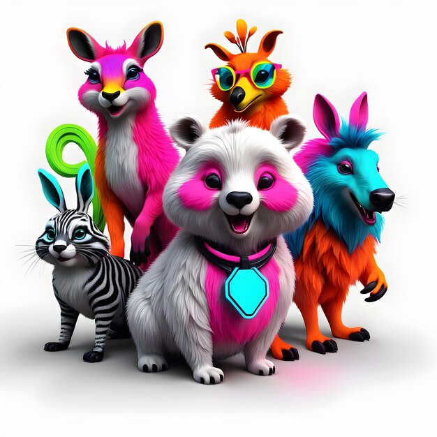 Foto 3d cor de néon animais de contos de fadas lindos clipart