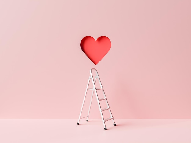 3D corazón rojo sobre la escalera contra el fondo de color rosa