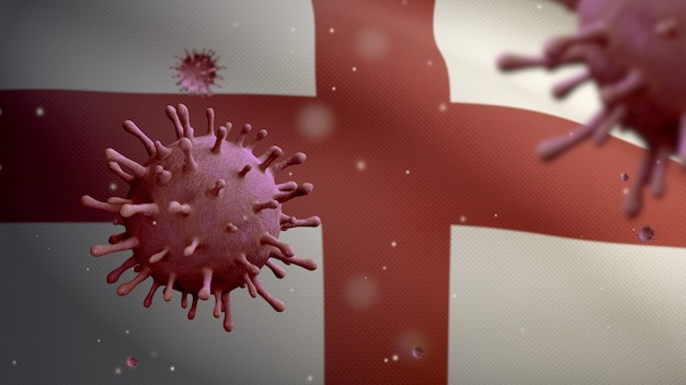 3D, coronavírus da gripe flutuando sobre a bandeira da Inglaterra, um patógeno que ataca o trato respiratório. Bandeira inglesa acenando com a pandemia do conceito de infecção do vírus Covid19. Estandarte de textura de tecido real