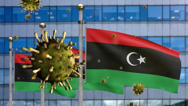 3D, coronavírus da gripe flutuando sobre a bandeira da Líbia com a cidade de arranha-céus modernos. Bandeira da Líbia acenando com a pandemia do conceito de infecção do vírus Covid19. Estandarte de textura de tecido real