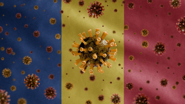 3D, coronavírus da gripe flutuando sobre a bandeira da Romênia, um patógeno que ataca o trato respiratório. Modelo da Romênia acenando com a pandemia do conceito de infecção do vírus Covid19