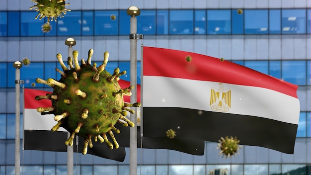 3D, coronavírus da gripe flutuando sobre a cidade moderna de arranha-céus de bandeira egípcia. Bandeira do Egito acenando com a pandemia do conceito de infecção do vírus Covid19. Estandarte de textura de tecido real