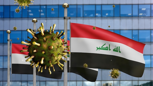 3D, coronavirus de la gripe flotando sobre la bandera iraquí con una moderna ciudad de rascacielos. Bandera de Irak ondeando con la pandemia del concepto de infección por virus Covid19. Bandera de textura de tela real