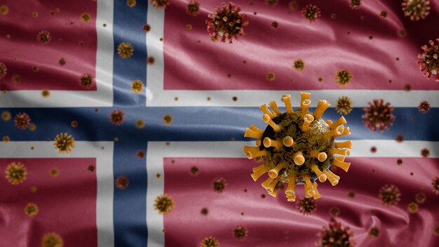 3D, coronavirus de la gripe flotando sobre bandera noruega, patógeno que ataca el tracto respiratorio. Plantilla de Noruega ondeando con la pandemia del concepto de infección por virus Covid19.