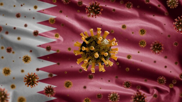 3D, coronavirus de la gripe flotando sobre la bandera de Qatar, un patógeno que ataca el tracto respiratorio. Plantilla de Qatar ondeando con la pandemia del concepto de infección por virus Covid19