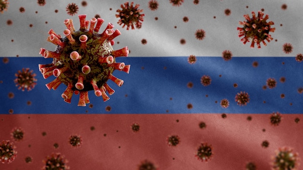 3D, coronavirus de la gripe flotando sobre la bandera rusa, un patógeno que ataca el tracto respiratorio. Plantilla de Rusia ondeando con la pandemia del concepto de infección por el virus Covid 19.