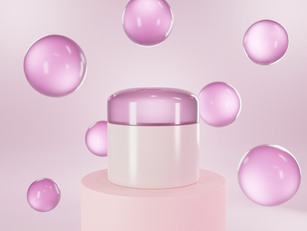 3D Cosmetic Pink Cream Pot Mockup mit rosa Hintergrund und glänzender rosa Kristallkugel