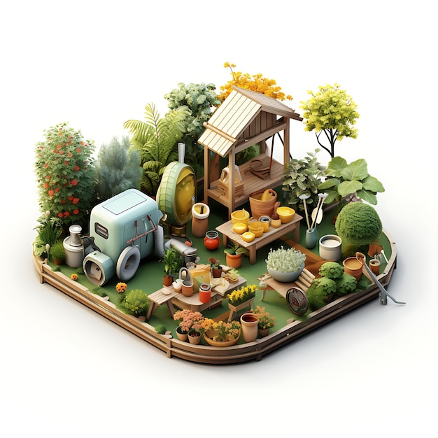 3D creativo del mercado de herramientas de jardinería Diseño de una escena de mercado atractiva modelo de negocio de publicidad