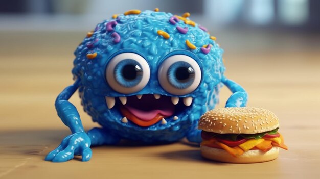 3D criatura engraçada come um hambúrguer generativo ai