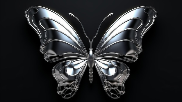 Foto 3d cromo metálico del icono de mariposa y2k aislado con fondo negro